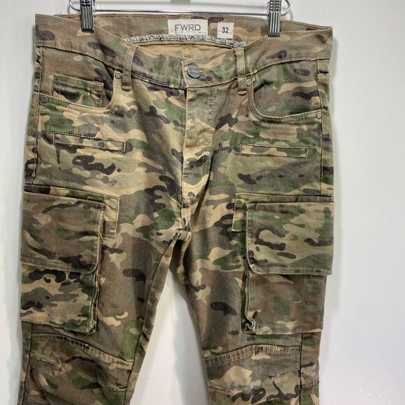 FWRD Denim Jeans Camo Cargo Mens 32/32 Green Tactic Slim Fit Back Patch Pockets - Picture 7 of 9